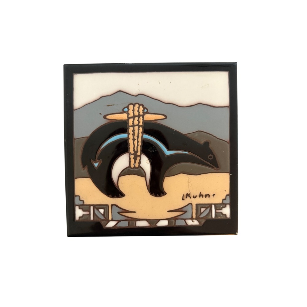 Earthtones Zuni Bear Fetish Art Tile 1990 L Kuhn Southwestern Trivet Decor 6x6